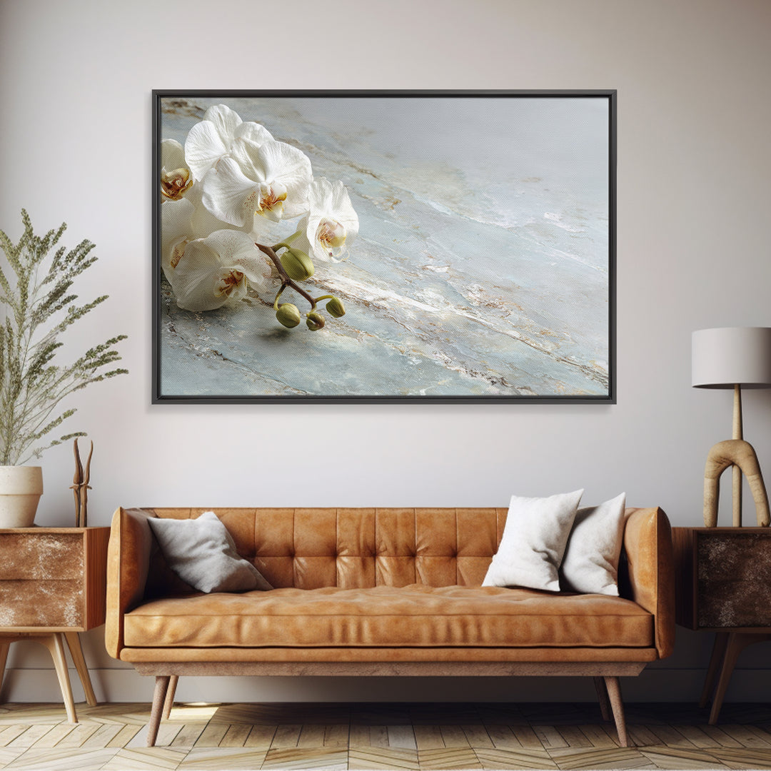White Orchid on Gray Stone Surface Framed Canvas Print, Medical Office Art, Brain Art, Office Decor, Oil Painting, Calm, MOA-3x2-82