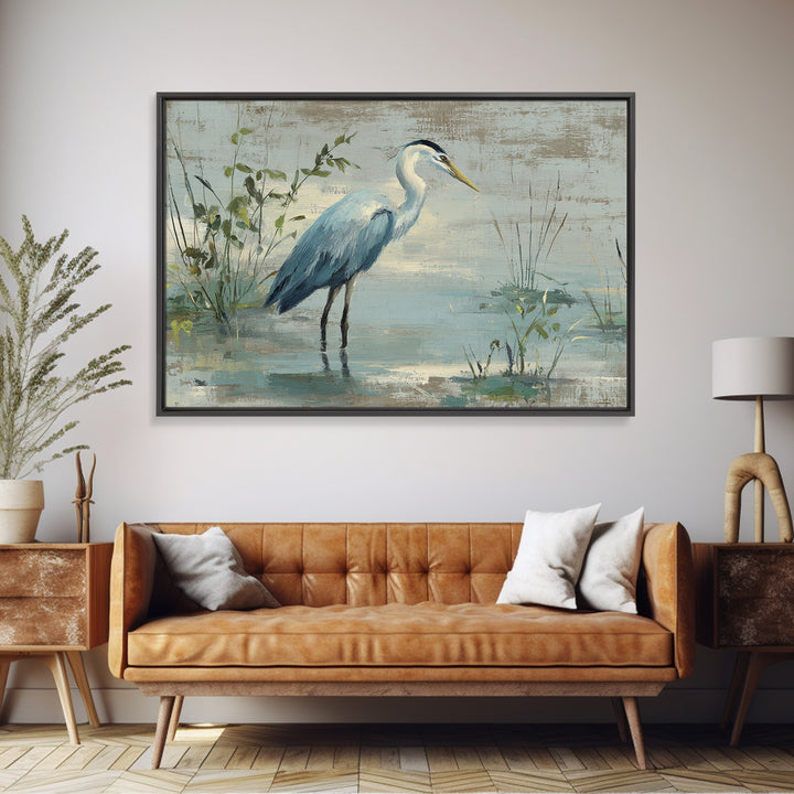 Blue Heron Standing Framed Canvas Print, Medical Office Art, Medical Wall Art, Office Decor, Fine Art, Calm, Neutral Decor, MOA-3x2-90