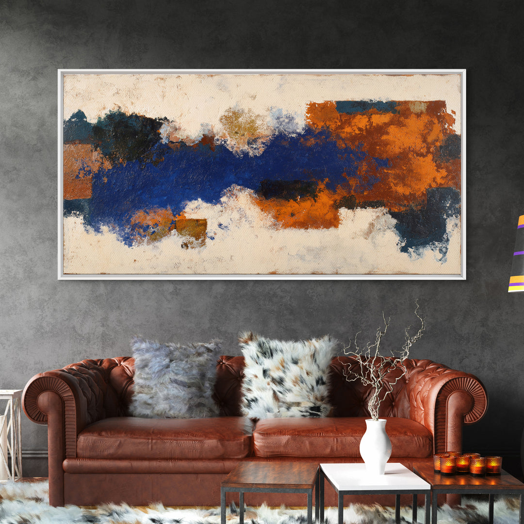 Expressive Brushwork in Cobalt and Rust Framed Canvas Print, Modern Art, Minimalist Decor, Living Room Decor, Fine Art, Modern, MOD-2x1-50