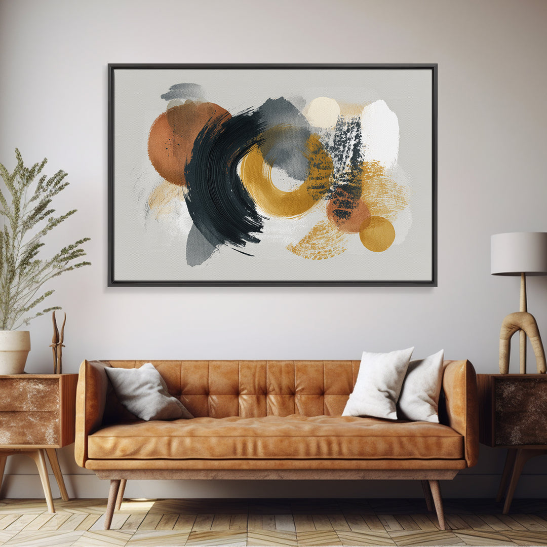 Dynamic Black Brush Marks on Neutral Ground Framed Canvas Print, Modern Art, Neutral Decor, Living Room Decor, Fine Art, Modern, MOD-3x2-39