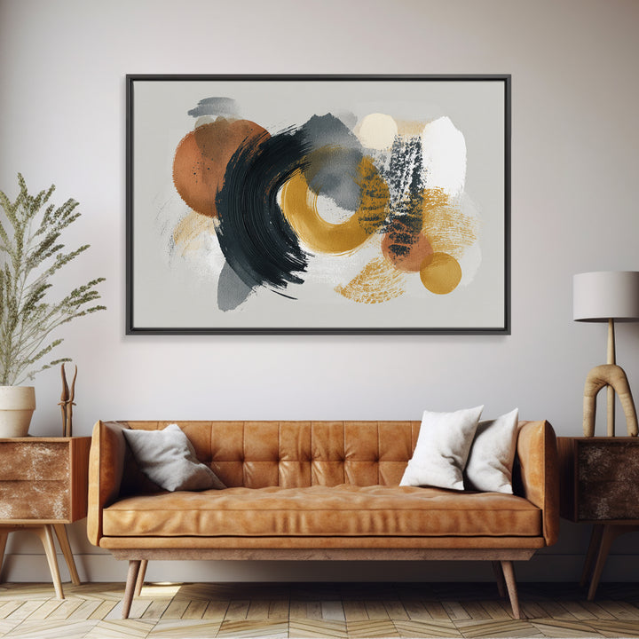 Dynamic Black Brush Marks on Neutral Ground Framed Canvas Print, Modern Art, Neutral Decor, Living Room Decor, Fine Art, Modern, MOD-3x2-39