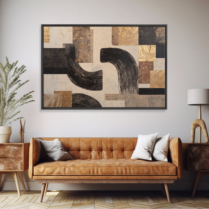 Dynamic Black Brush Marks on Neutral Ground Framed Canvas Print, Modern Art, Art Deco, Living Room Decor, Fine Art, Modern, MOD-3x2-63
