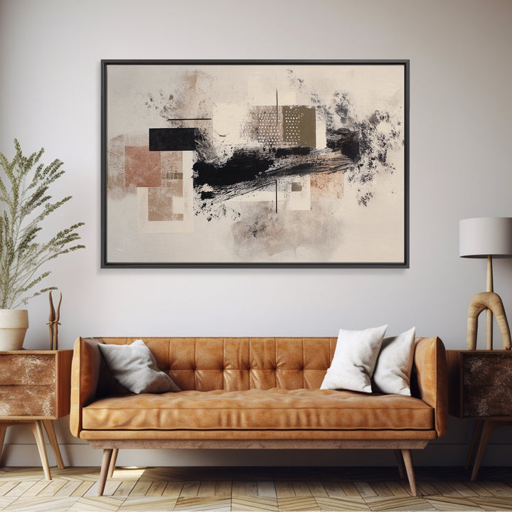 Dynamic Black Brush Marks on Neutral Ground Framed Canvas Print, Modern Art, Fine Art Print, Living Room Decor, Modern, MOD-3x2-87