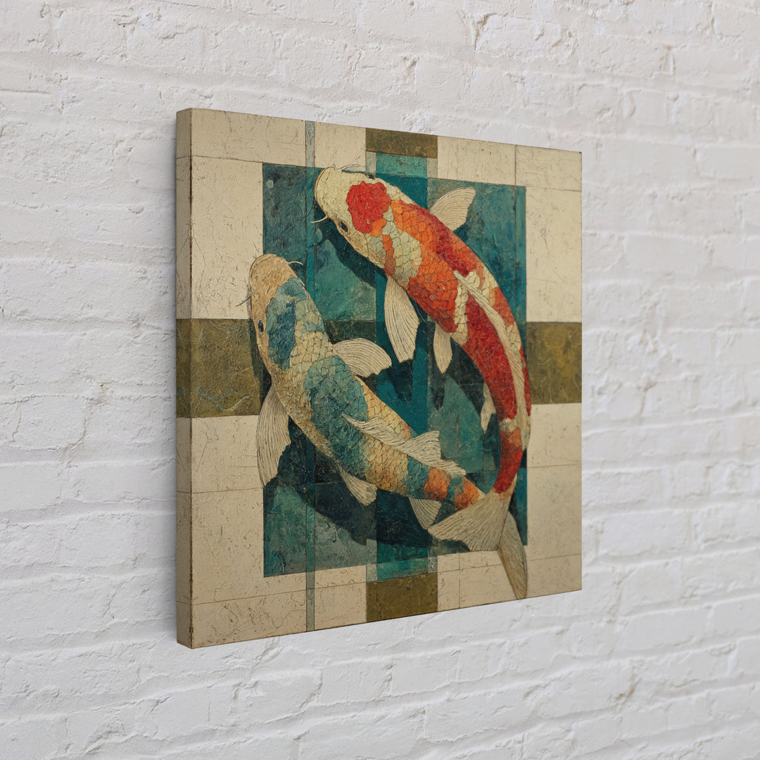 Teal Koi Fish on Tonal Water Canvas Print, Monochrome Art, Boho Decor, Living Room Decor, Fine Art, Mono, Digital Art, MON-1x1-89