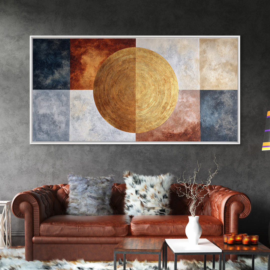 Gold Tonal Sunburst Medallion Framed Canvas Print, Monochrome Art, Luxury Decor, Living Room Decor, Fine Art, Mono, MON-2x1-10