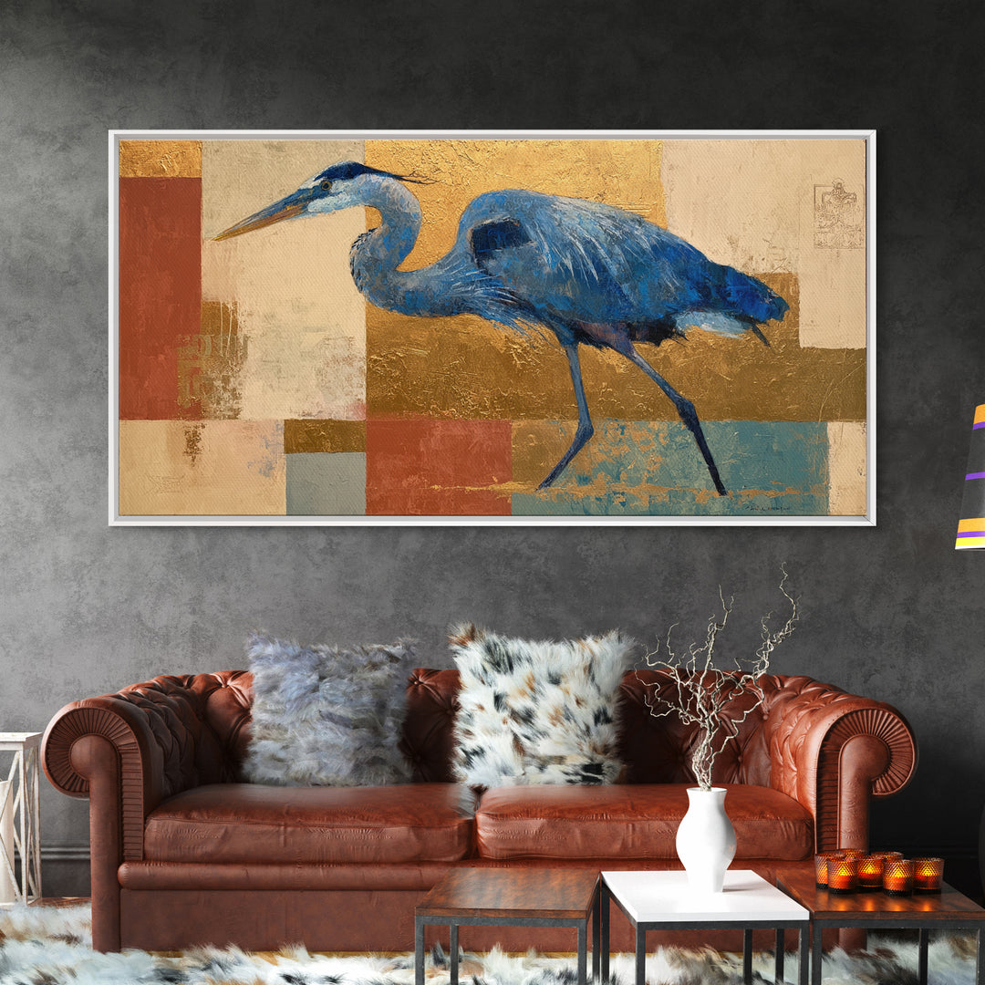 Blue Heron in Monochrome Navy Palette Framed Canvas Print, Monochrome Art, Dopamine Decor, Living Room Decor, Fine Art, Mono, MON-2x1-100