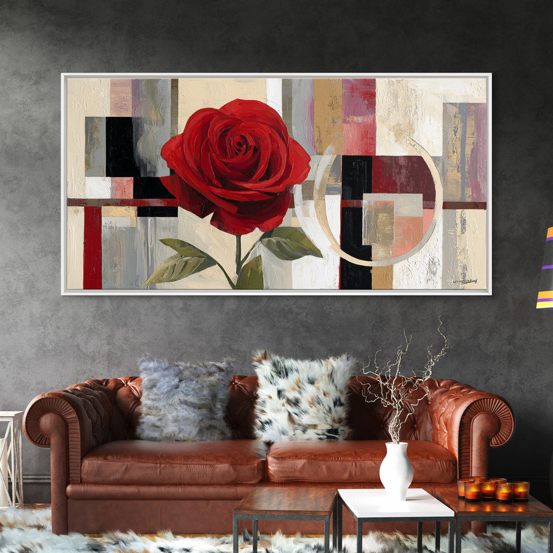 Single Red Rose Rendered Only Framed Canvas Print, Monochrome Art, Modern Decor, Living Room Decor, Oil Painting, Mono, MON-2x1-27