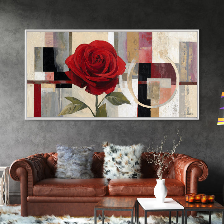 Single Red Rose Rendered Only Framed Canvas Print, Monochrome Art, Modern Decor, Living Room Decor, Oil Painting, Mono, MON-2x1-27
