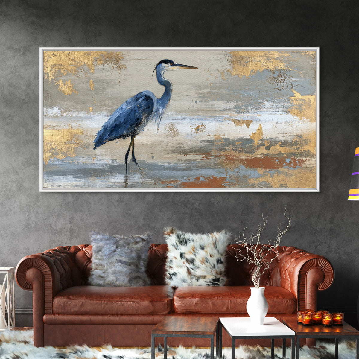 Blue Heron in Monochrome Navy Palette Framed Canvas Print, Monochrome Art, Minimalist Decor, Living Room Decor, Fine Art, Mono, MON-2x1-28