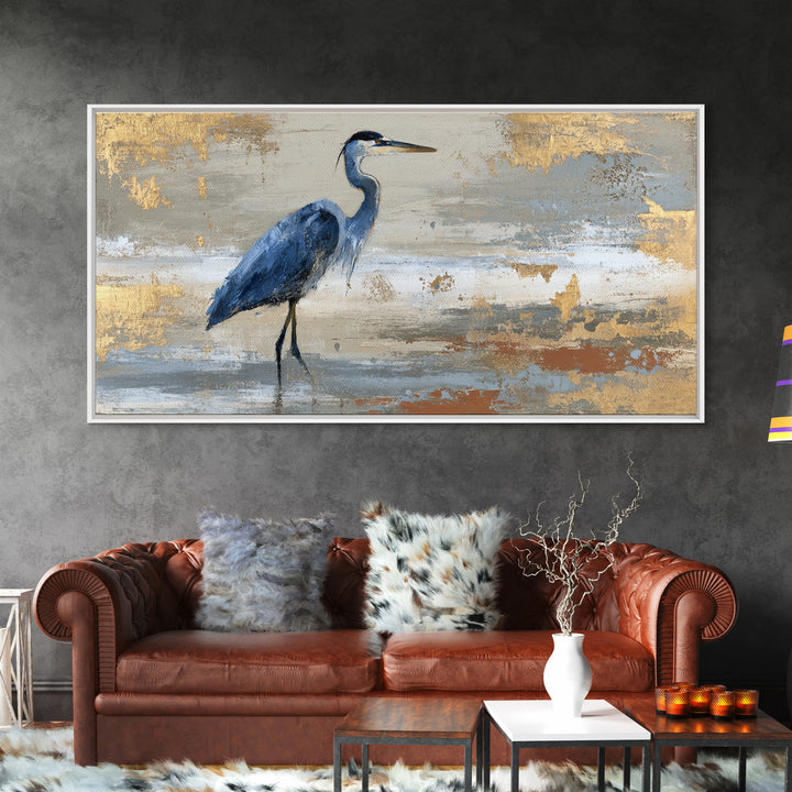 Blue Heron in Monochrome Navy Palette Framed Canvas Print, Monochrome Art, Minimalist Decor, Living Room Decor, Fine Art, Mono, MON-2x1-28