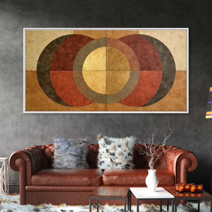 Gold Tonal Sunburst Medallion Framed Canvas Print, Monochrome Art, Luxury Decor, Living Room Decor, Fine Art, Mono, MON-2x1-34