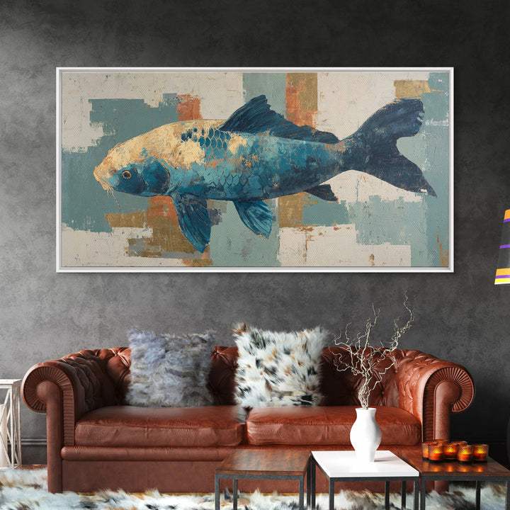 Teal Koi Fish on Tonal Water Framed Canvas Print, Monochrome Art, Minimalist Decor, Living Room Decor, Fine Art, Mono, MON-2x1-37