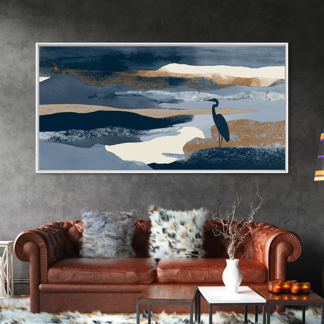 Blue Heron in Monochrome Navy Palette Canvas Print, Monochrome Art, Boho Decor, Living Room Decor, Fine Art, Mono, Art Print, MON-2x1-4