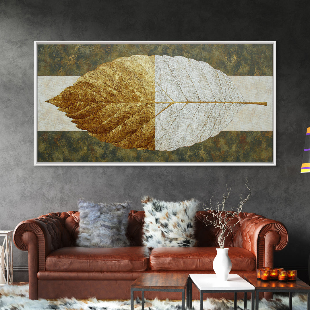 Olive Green Abstract Leaf Pattern Framed Canvas Print, Monochrome Art, Home Decor, Living Room Decor, Fine Art, Mono, MON-2x1-40