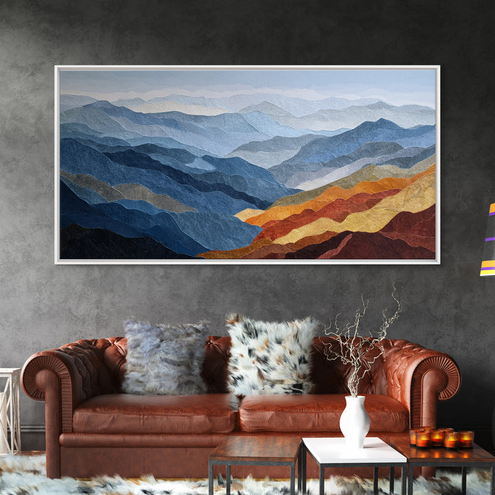 Blue Mountain Ridge Layers Canvas Print, Monochrome Art, Textured Painting, Living Room Decor, Fine Art, Mono, MON-2x1-44