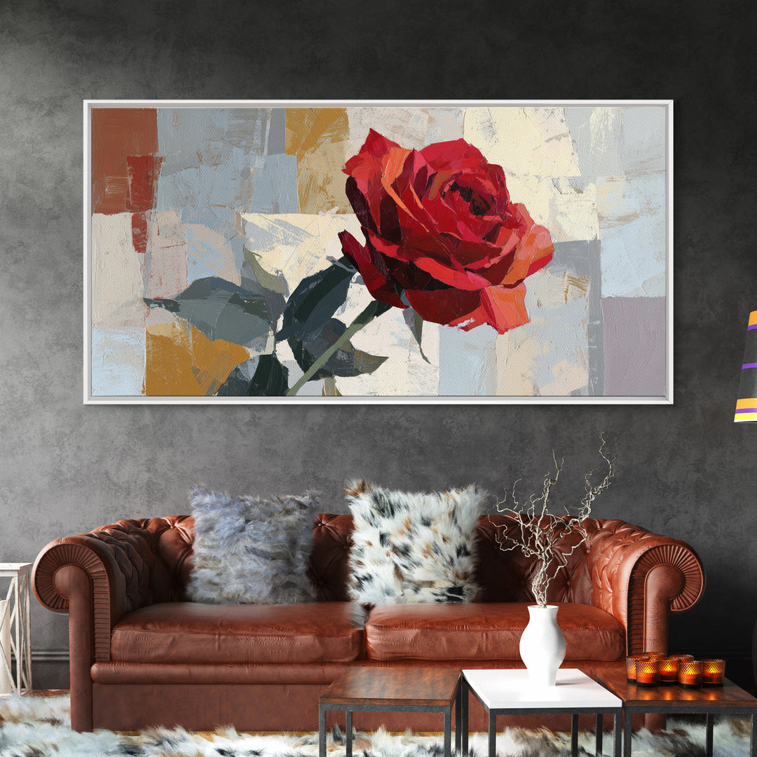 Single Red Rose Rendered Only Framed Canvas Print, Monochrome Art, Abstract Art, Living Room Decor, Watercolor Art, Mono, MON-2x1-51