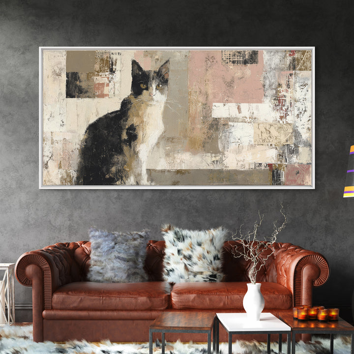 Monochrome Cat Portrait Framed Canvas Print, Monochrome Art, Bedroom Decor, Living Room Decor, Mono, Abstract Painting, MON-2x1-55