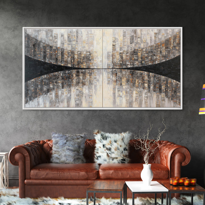 Black and White City Reflection Framed Canvas Print, Monochrome Art, Art Print, Living Room Decor, Abstract Art, Mono, MON-2x1-65