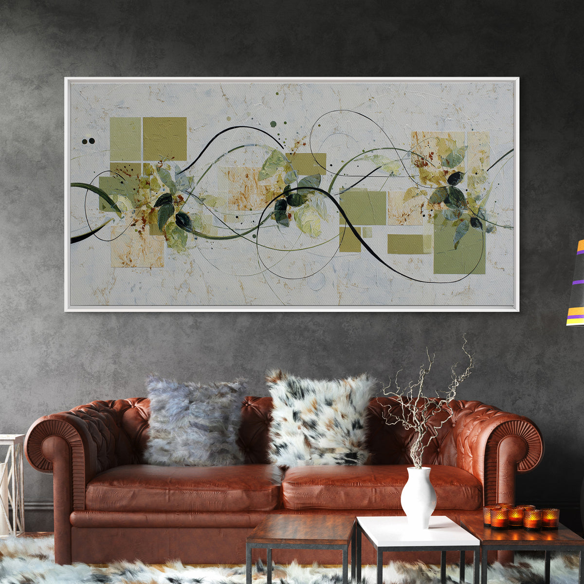Green Botanical Study Canvas Print, Monochrome Art, Modern Wall Art, Living Room Decor, Fine Art, Mono, Statement Artwork, MON-2x1-71