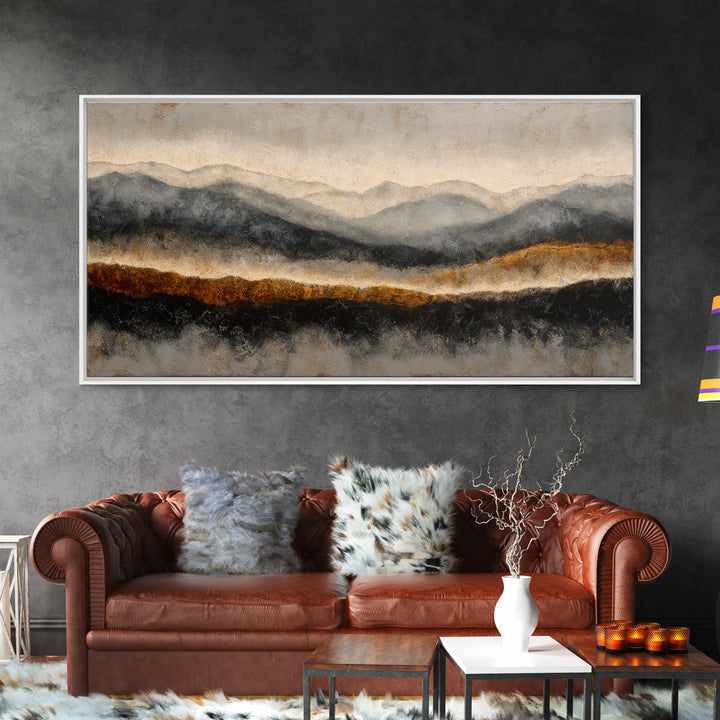 Charcoal Mountain Landscape Framed Canvas Print, Monochrome Art, Original Painting, Living Room Decor, Fine Art, Mono, MON-2x1-72