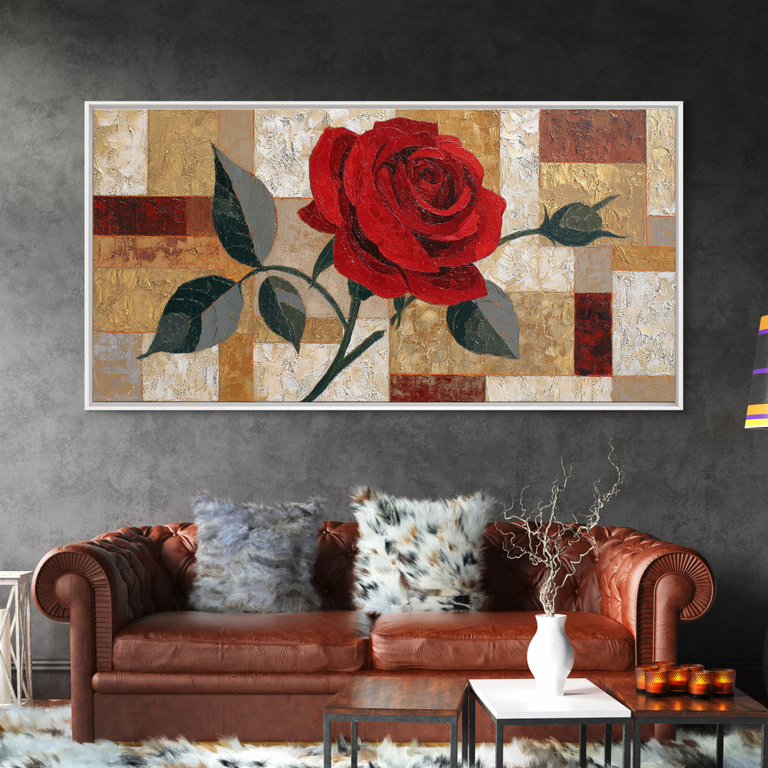 Single Red Rose Rendered Only Framed Canvas Print, Monochrome Art, Statement Artwork, Living Room Decor, Fine Art, Mono, MON-2x1-75