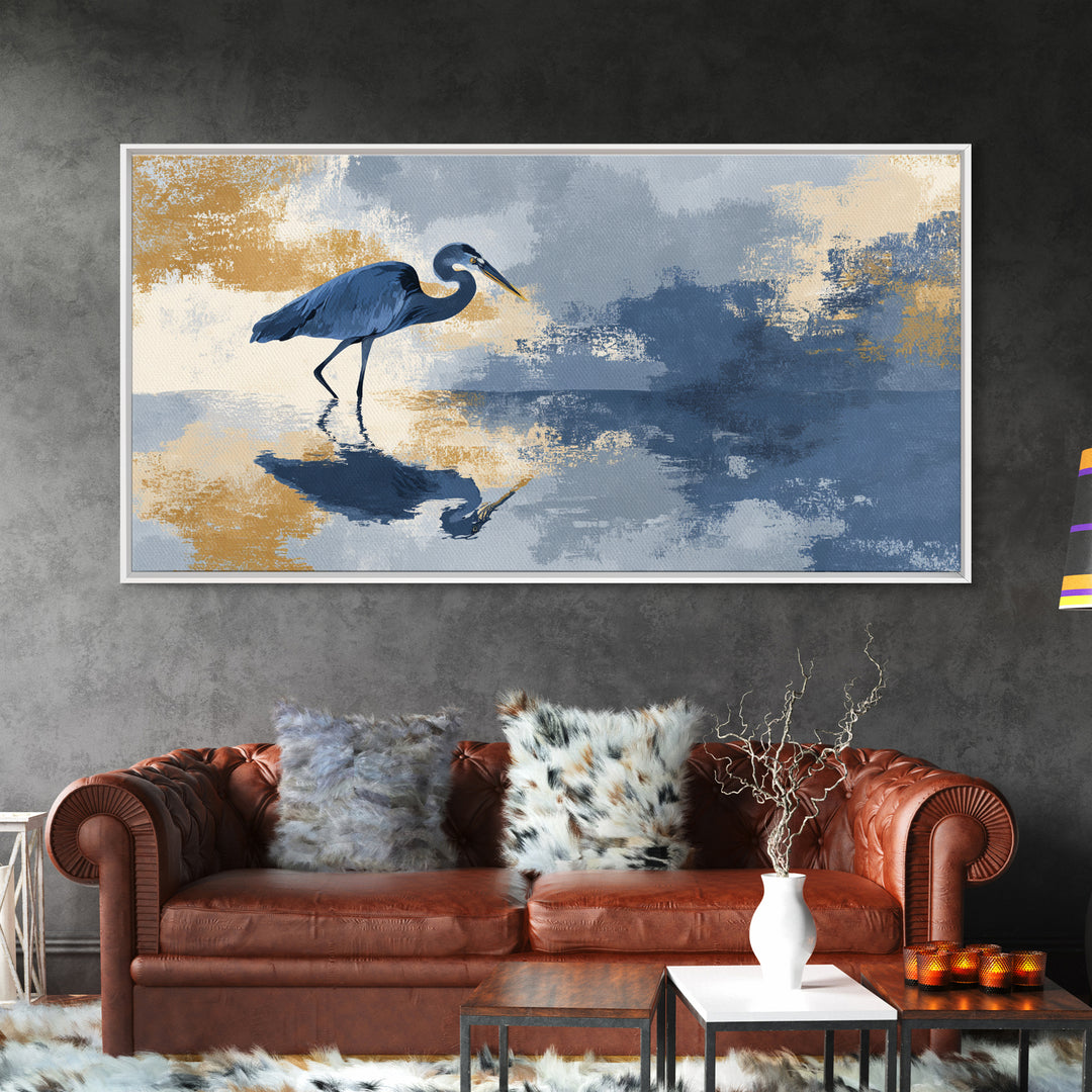 Blue Heron in Monochrome Navy Palette Canvas Print, Monochrome Art, Digital Print, Living Room Decor, Fine Art, Mono, MON-2x1-76