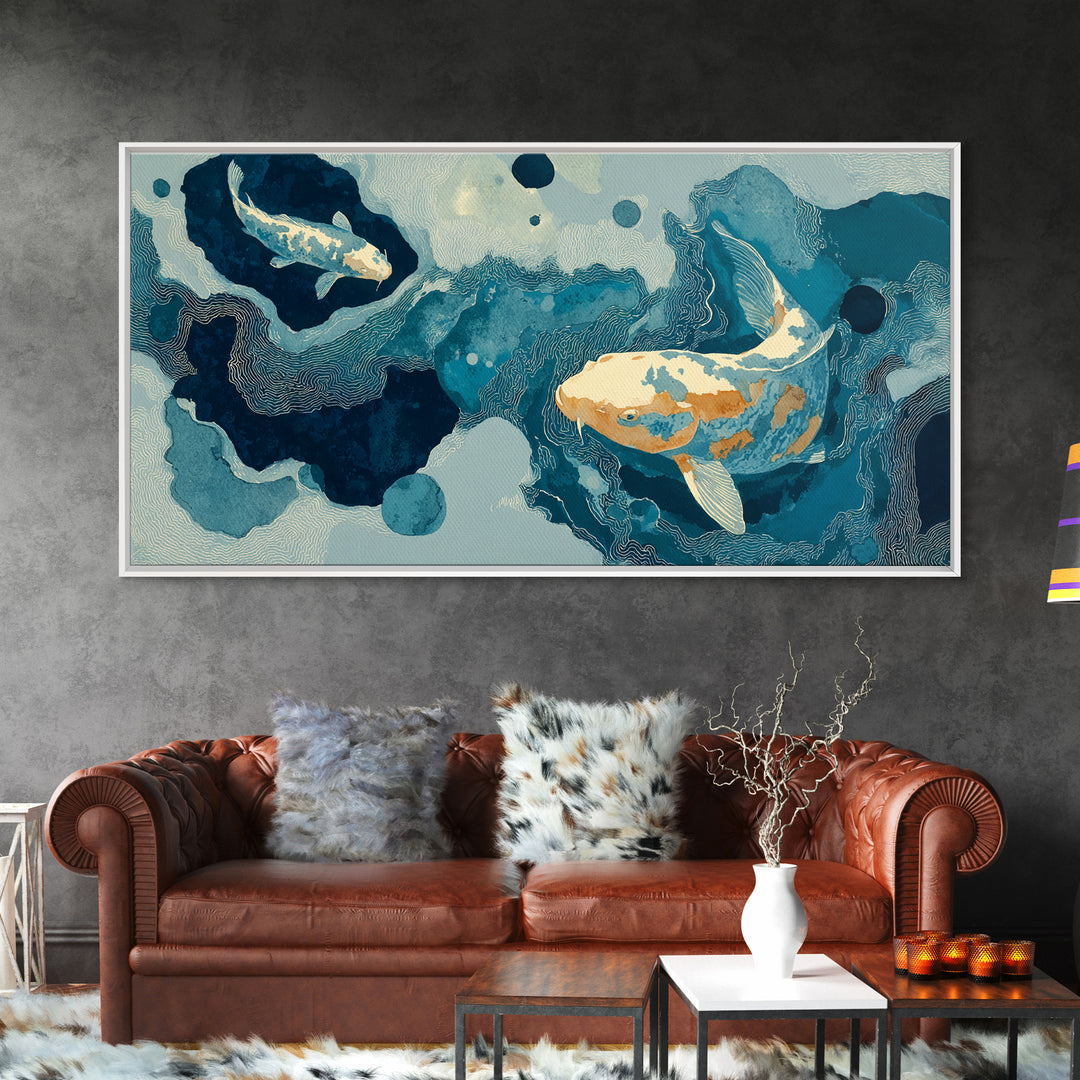 Teal Koi Fish on Tonal Water Framed Canvas Print, Monochrome Art, Digital Wall Art, Living Room Decor, Fine Art, Mono, MON-2x1-85