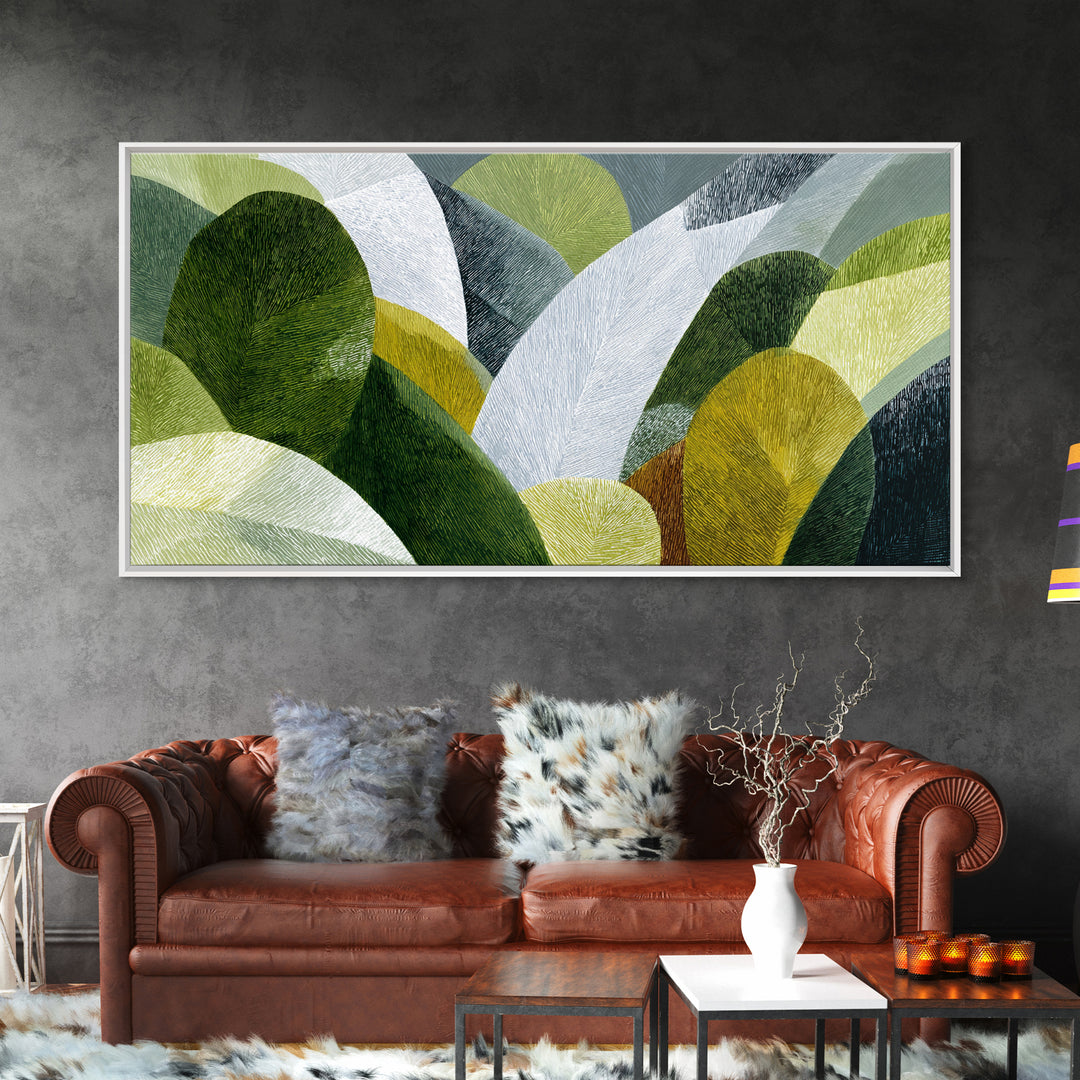 Olive Green Abstract Leaf Pattern Framed Canvas Print, Monochrome Art, Abstract Art, Living Room Decor, Watercolor Art, Mono, MON-2x1-88