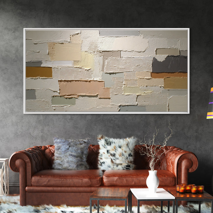 Cream on Cream Minimalist Forms Framed Canvas Print, Monochrome Art, Living Room Decor, Oil Painting, Mono, Textured Wall Art, MON-2x1-90
