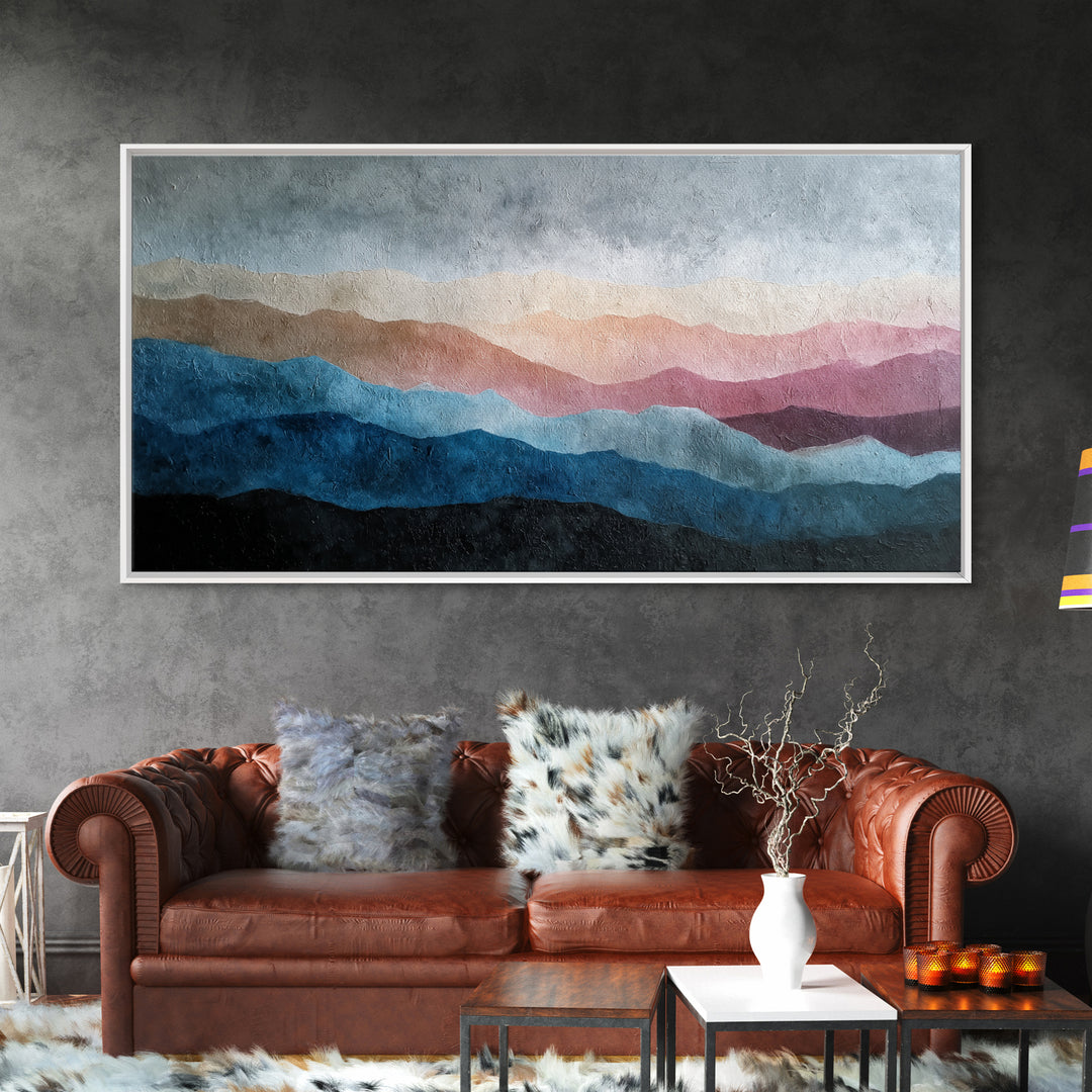 Blue Mountain Ridge Layers Framed Canvas Print, Monochrome Art, Bedroom Decor, Living Room Decor, Mono, Abstract Painting, MON-2x1-92