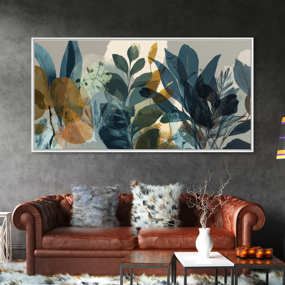Green Botanical Study Framed Canvas Print, Monochrome Art, Moody Wall Art, Living Room Decor, Oil Painting, Mono, MON-2x1-95