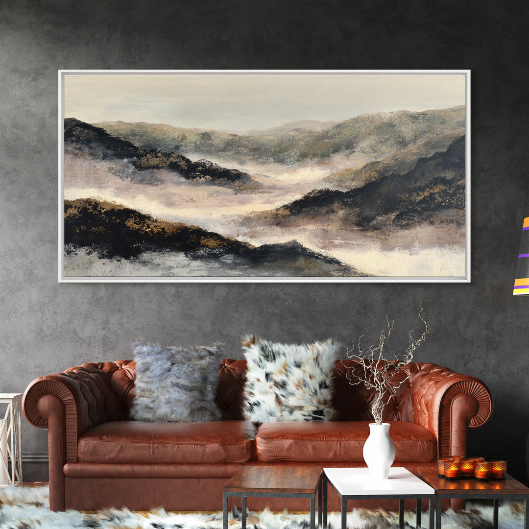Charcoal Mountain Landscape Framed Canvas Print, Monochrome Art, Boho Wall Art, Living Room Decor, Mono, Neutral Decor, MON-2x1-96