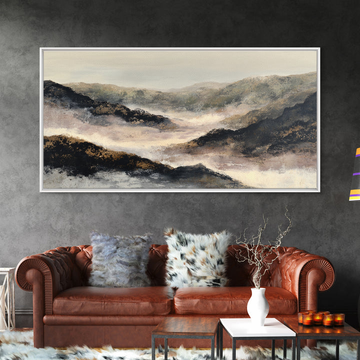 Charcoal Mountain Landscape Framed Canvas Print, Monochrome Art, Boho Wall Art, Living Room Decor, Mono, Neutral Decor, MON-2x1-96