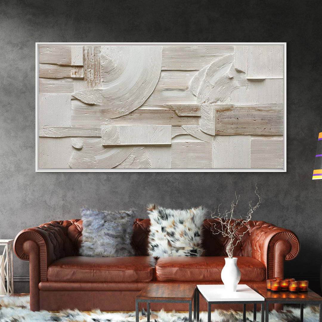 Ivory White Plaster Texture Composition Framed Canvas Print, Monochrome Art, Abstract Art, Living Room Decor, Fine Art, Mono, MON-2x1-97