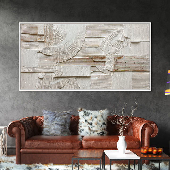 Ivory White Plaster Texture Composition Framed Canvas Print, Monochrome Art, Abstract Art, Living Room Decor, Fine Art, Mono, MON-2x1-97