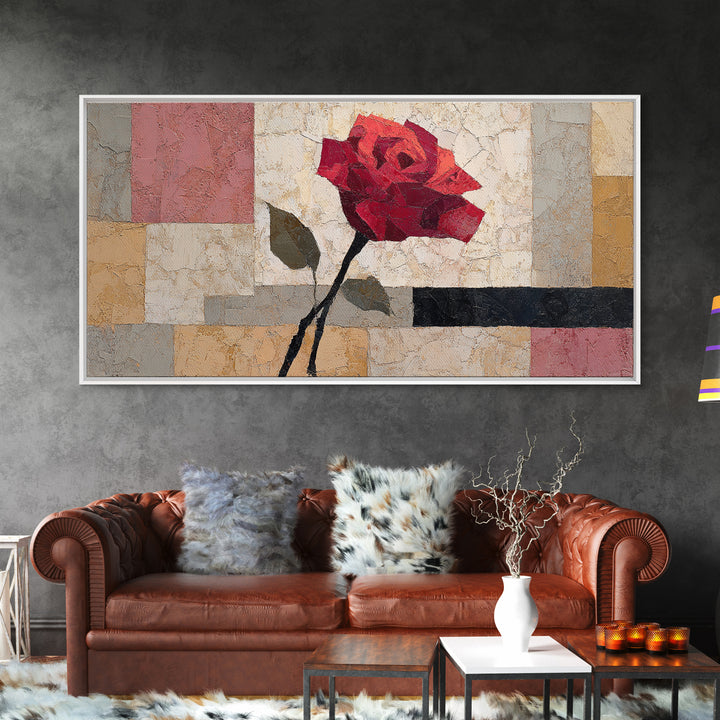 Single Red Rose Rendered Only Framed Canvas Print, Monochrome Art, Textured Wall Art, Living Room Decor, Fine Art, Mono, MON-2x1-99