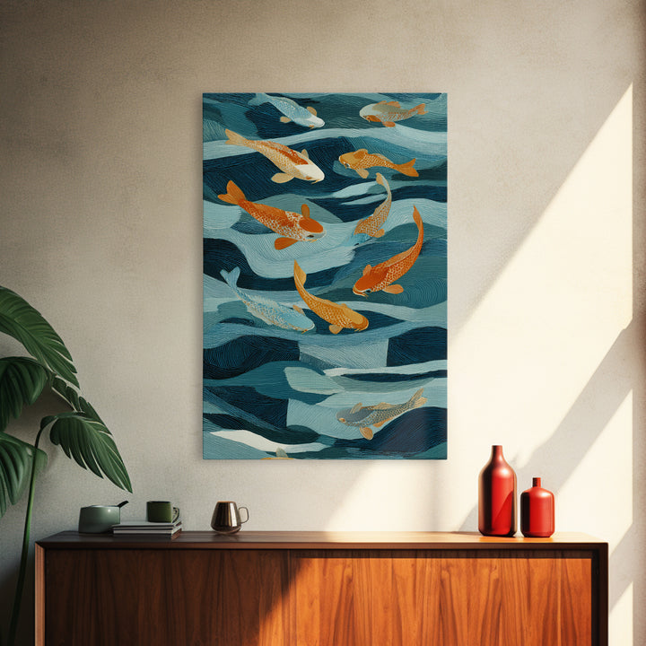 Teal Koi Fish on Tonal Water Framed Canvas Print, Monochrome Art, Wall Art, Living Room Decor, Fine Art, Mono, Abstract Art, MON-2x3-1
