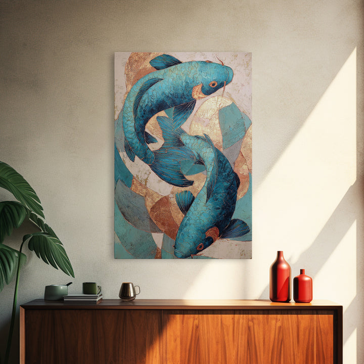 Teal Koi Fish on Tonal Water Framed Canvas Print, Monochrome Art, Wall Art, Living Room Decor, Fine Art, Mono, Abstract Art, MON-2x3-25