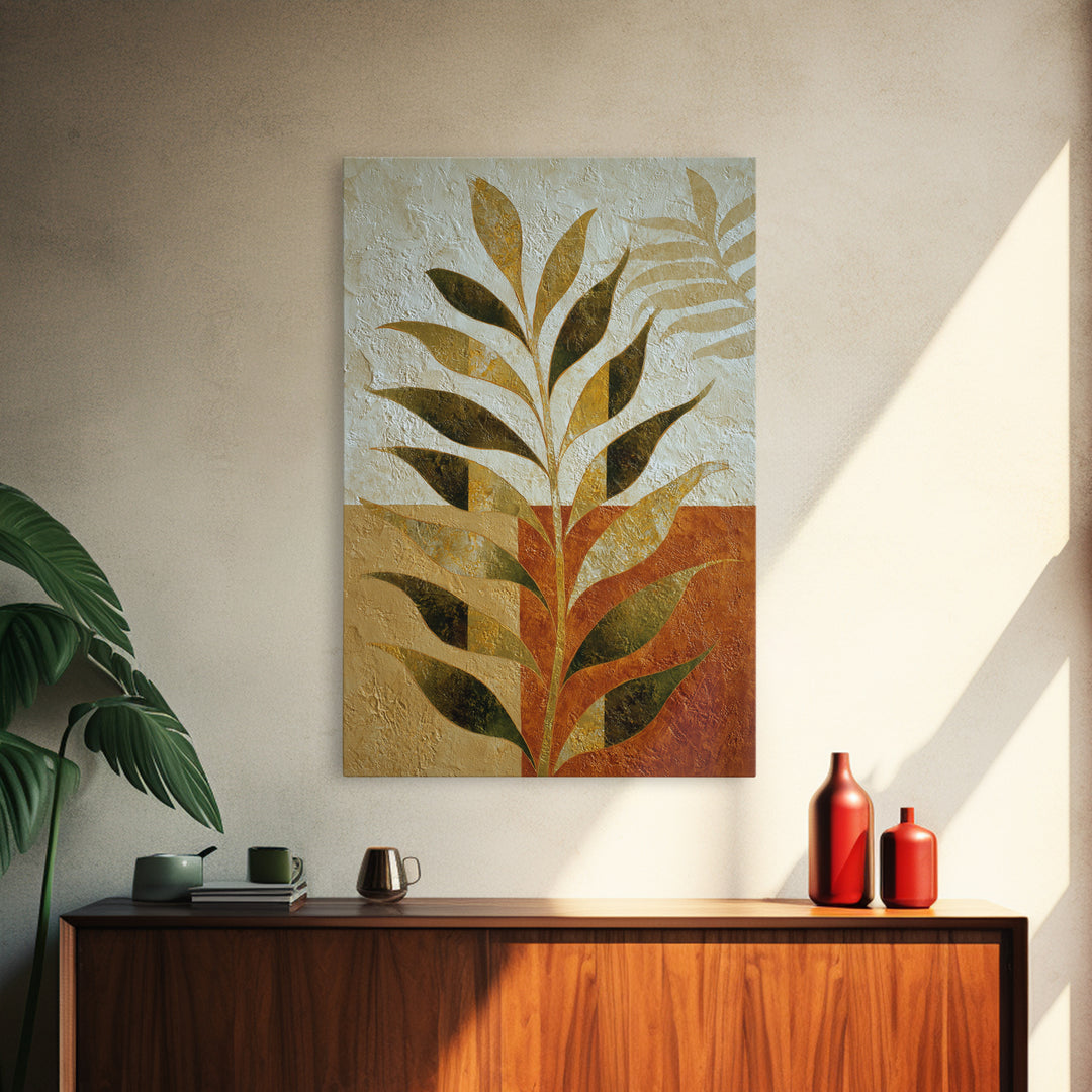 Olive Green Abstract Leaf Pattern Framed Canvas Print, Monochrome Art, Bedroom Decor, Living Room Decor, Oil Painting, Mono, MON-2x3-28