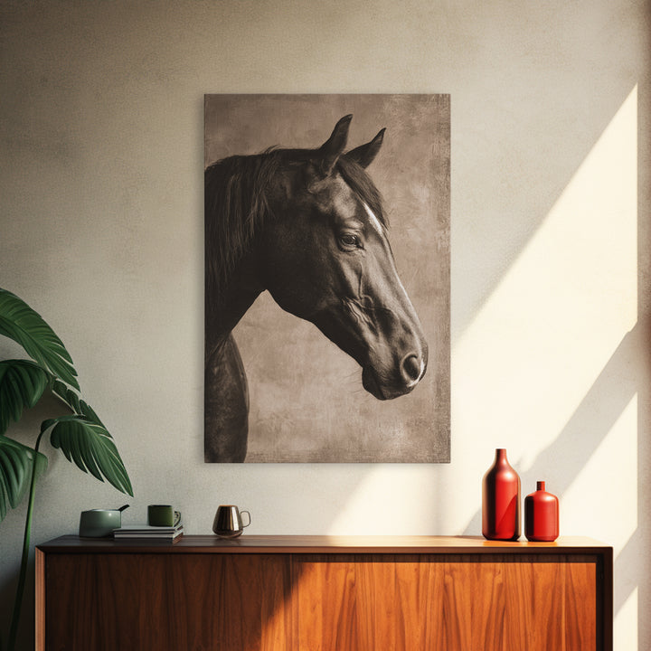 Sepia Horse Portrait Framed Canvas Print, Monochrome Art, Contemporary Art, Living Room Decor, Oil Painting, Mono, Original Art, MON-2x3-34