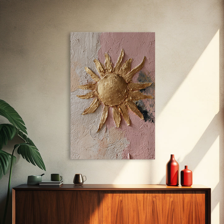 Gold Tonal Sunburst Medallion Framed Canvas Print, Monochrome Art, Textured Painting, Living Room Decor, Fine Art, Mono, MON-2x3-46