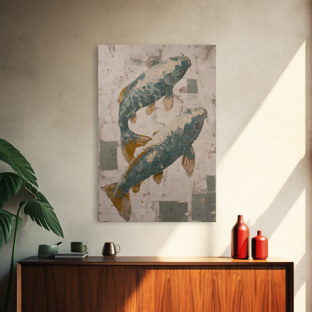 Teal Koi Fish on Tonal Water Canvas Print, Monochrome Art, Digital Art, Living Room Decor, Fine Art, Mono, Dark Academia Decor, MON-2x3-49