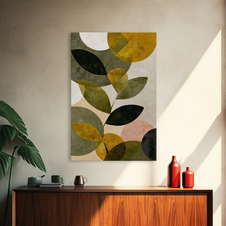Olive Green Abstract Leaf Pattern Framed Canvas Print, Monochrome Art, Boho Decor, Living Room Decor, Fine Art, Mono, MON-2x3-52