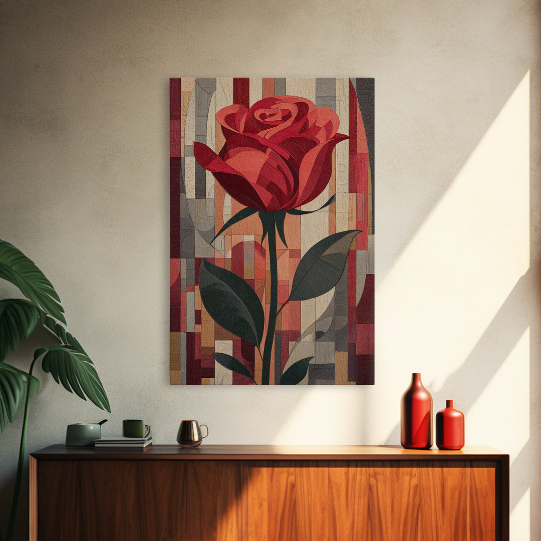 Single Red Rose Rendered Only Framed Canvas Print, Monochrome Art, Art Prints, Living Room Decor, Watercolor Art, Mono, MON-2x3-63