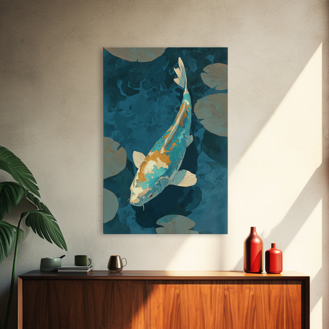 Teal Koi Fish on Tonal Water Framed Canvas Print, Monochrome Art, Original Art, Living Room Decor, Fine Art, Mono, Bird Art, MON-2x3-73