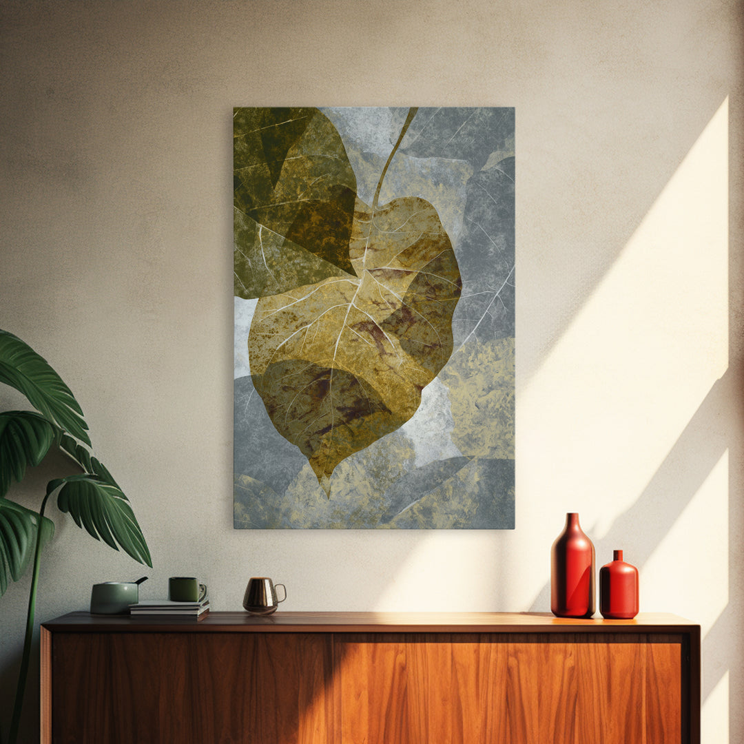 Olive Green Abstract Leaf Pattern Framed Canvas Print, Monochrome Art, Digital Print, Living Room Decor, Fine Art, Mono, MON-2x3-76