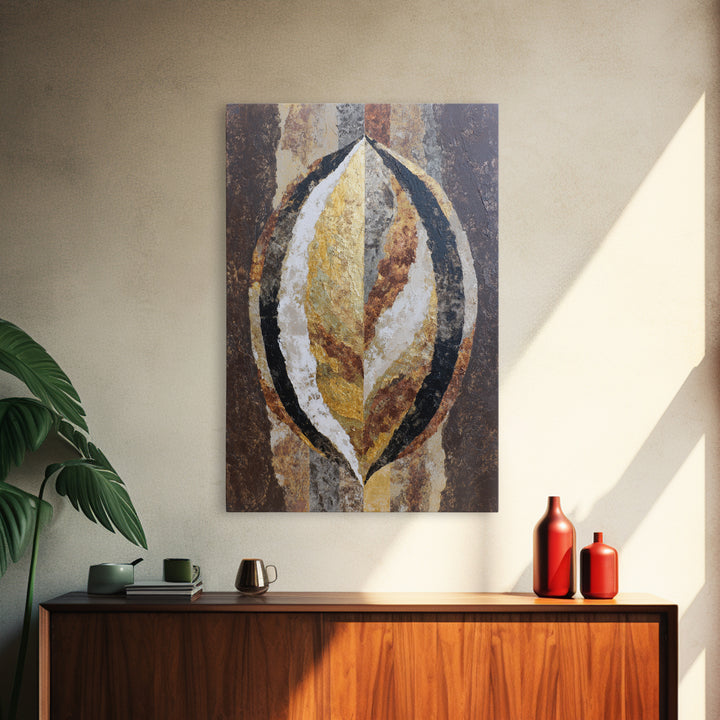 Gold Tonal Sunburst Medallion Framed Canvas Print, Monochrome Art, Mid Century Modern, Living Room Decor, Fine Art, Mono, MON-2x3-94
