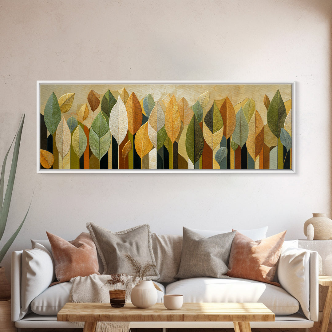 Olive Green Abstract Leaf Pattern Framed Canvas Print, Monochrome Art, Bird Art, Living Room Decor, Fine Art, Mono, Boho Decor, MON-3x1-12