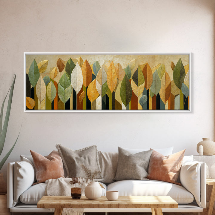 Olive Green Abstract Leaf Pattern Framed Canvas Print, Monochrome Art, Bird Art, Living Room Decor, Fine Art, Mono, Boho Decor, MON-3x1-12