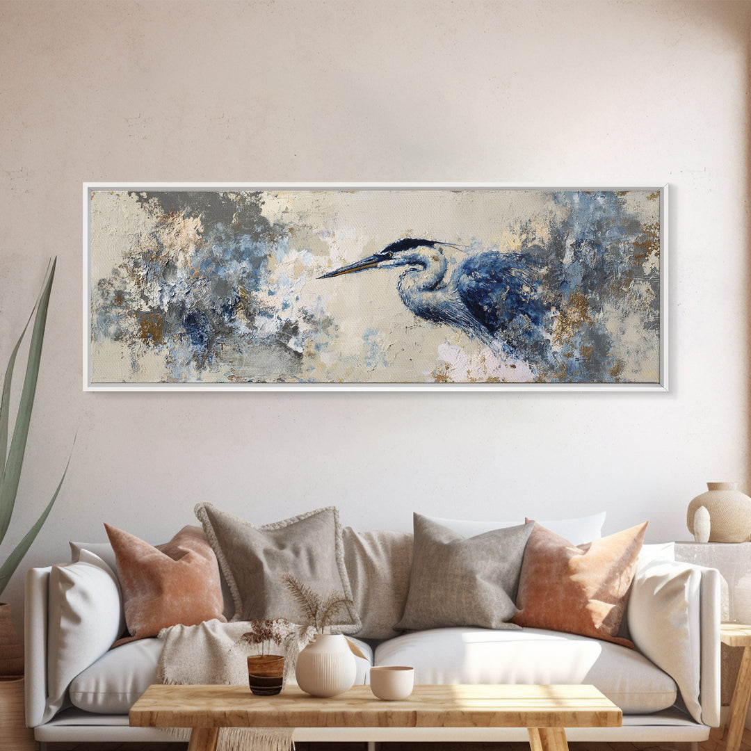Blue Heron in Monochrome Navy Palette Canvas Print, Monochrome Art, Wallpaper Mural, Living Room Decor, Fine Art, Mono, MON-3x1-24
